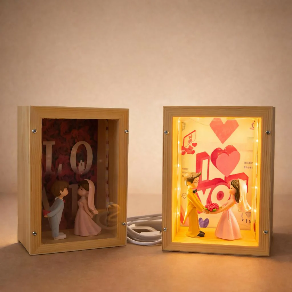 Wooden Couple Shadow Box Lamp for Bedroom, Table & Gift Decor - Image 2