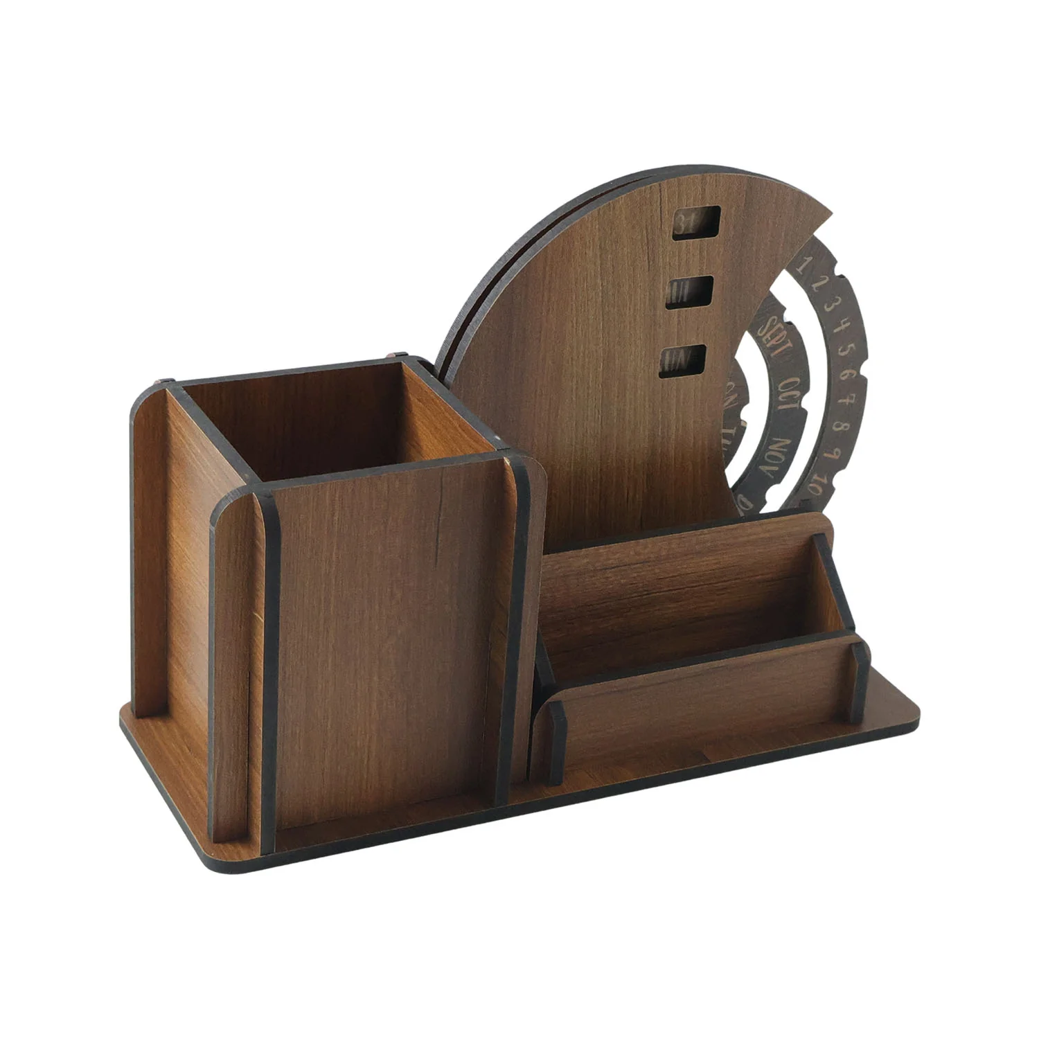 Wooden Desk Organizer Pen Stand With Rotating Calendar Wheel (1 Pc) - Image 4