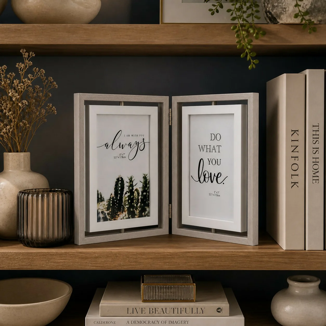 Wooden Double Photo Frame Foldable Tabletop 5x7 Picture Display - Image 2