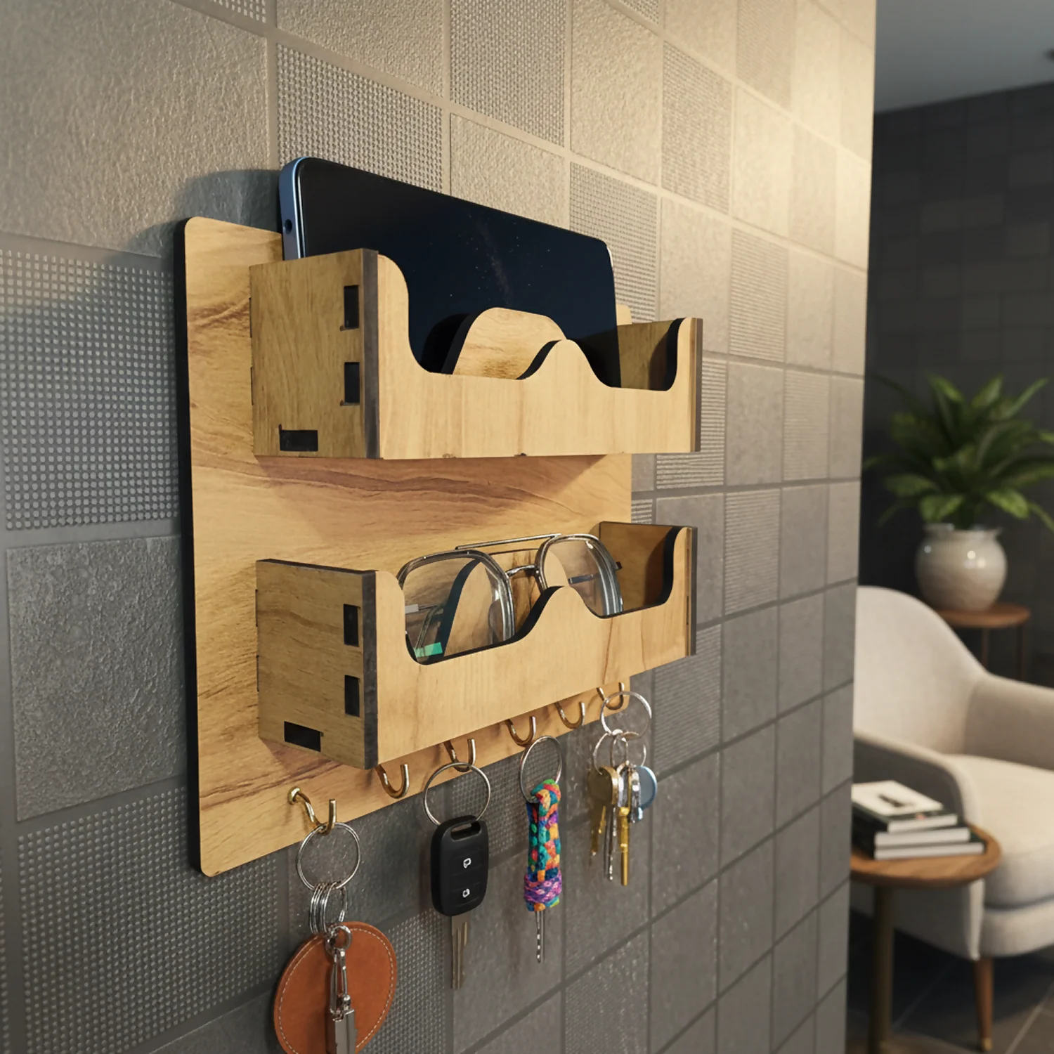 Double Layer Wooden Wall Mounted Organizer with Glasses Shelf and Key Hooks - Image 2