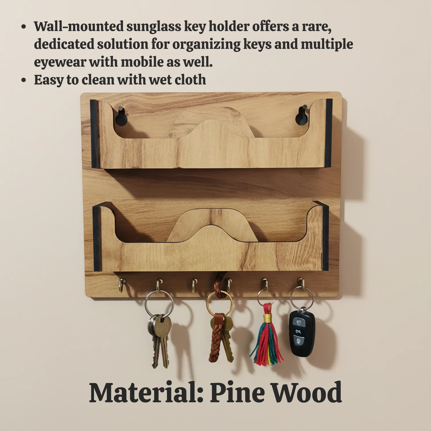 Double Layer Wooden Wall Mounted Organizer with Glasses Shelf and Key Hooks - Image 3