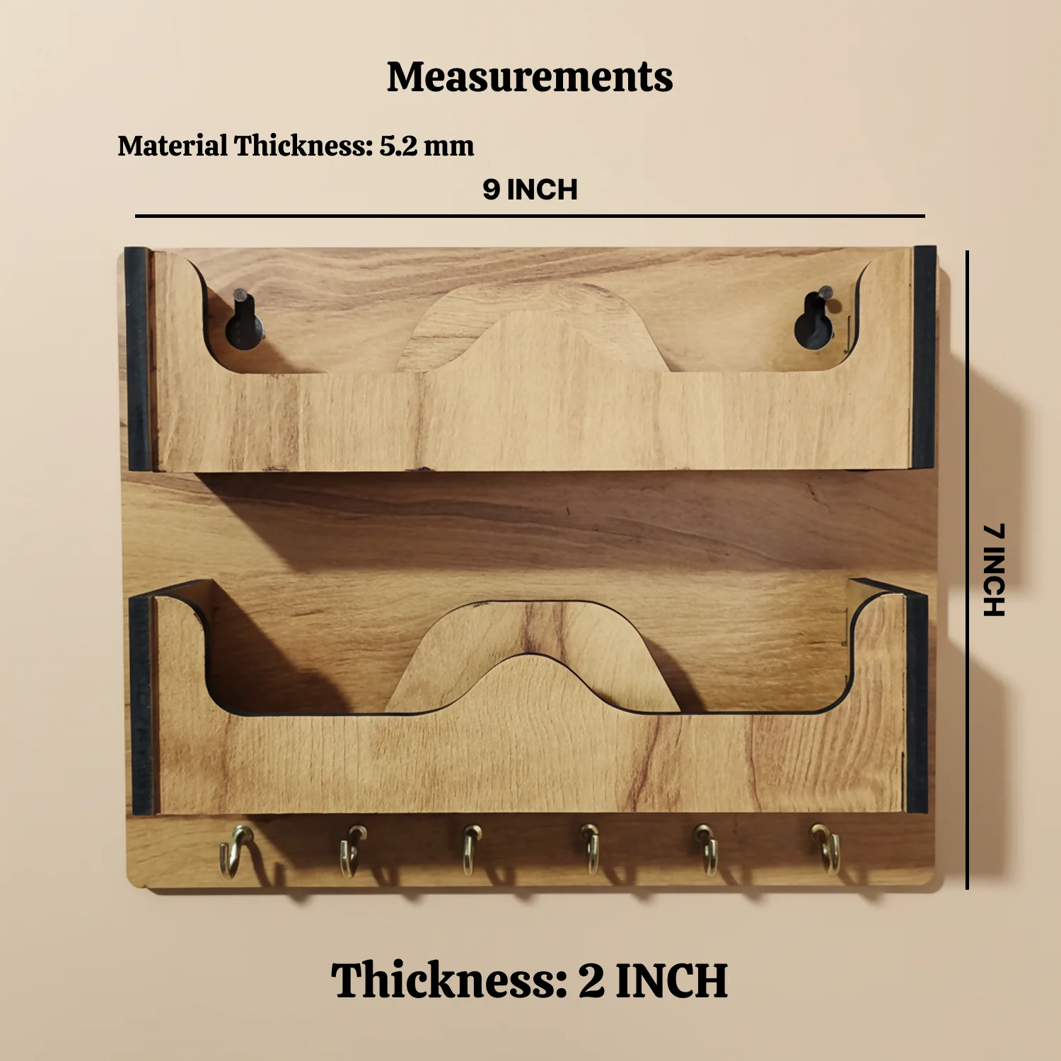 Double Layer Wooden Wall Mounted Organizer with Glasses Shelf and Key Hooks - Image 4