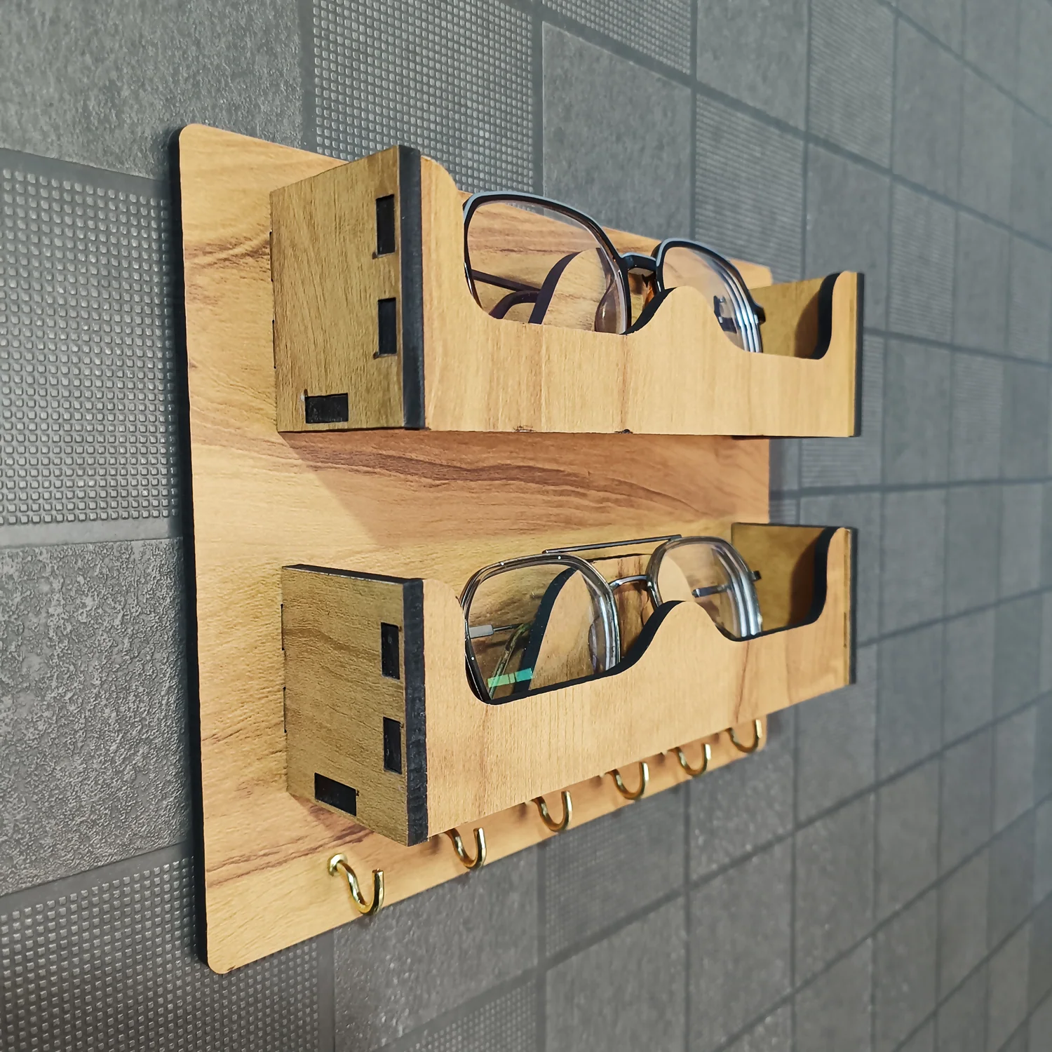 Double Layer Wooden Wall Mounted Organizer with Glasses Shelf and Key Hooks - Image 5