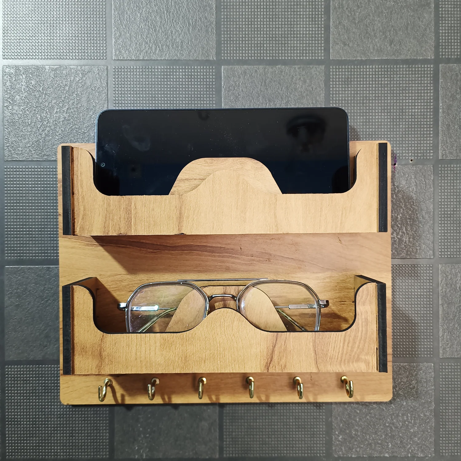 Double Layer Wooden Wall Mounted Organizer with Glasses Shelf and Key Hooks - Image 6