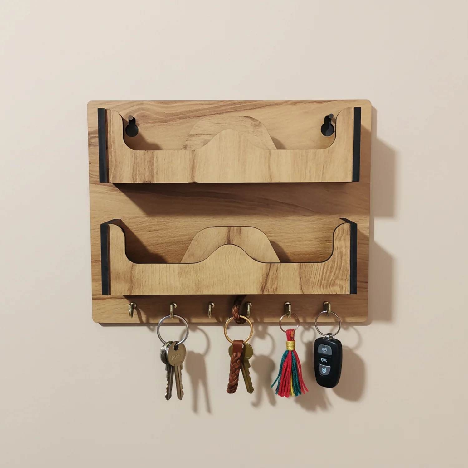 Double Layer Wooden Wall Mounted Organizer with Glasses Shelf and Key Hooks - Image 7