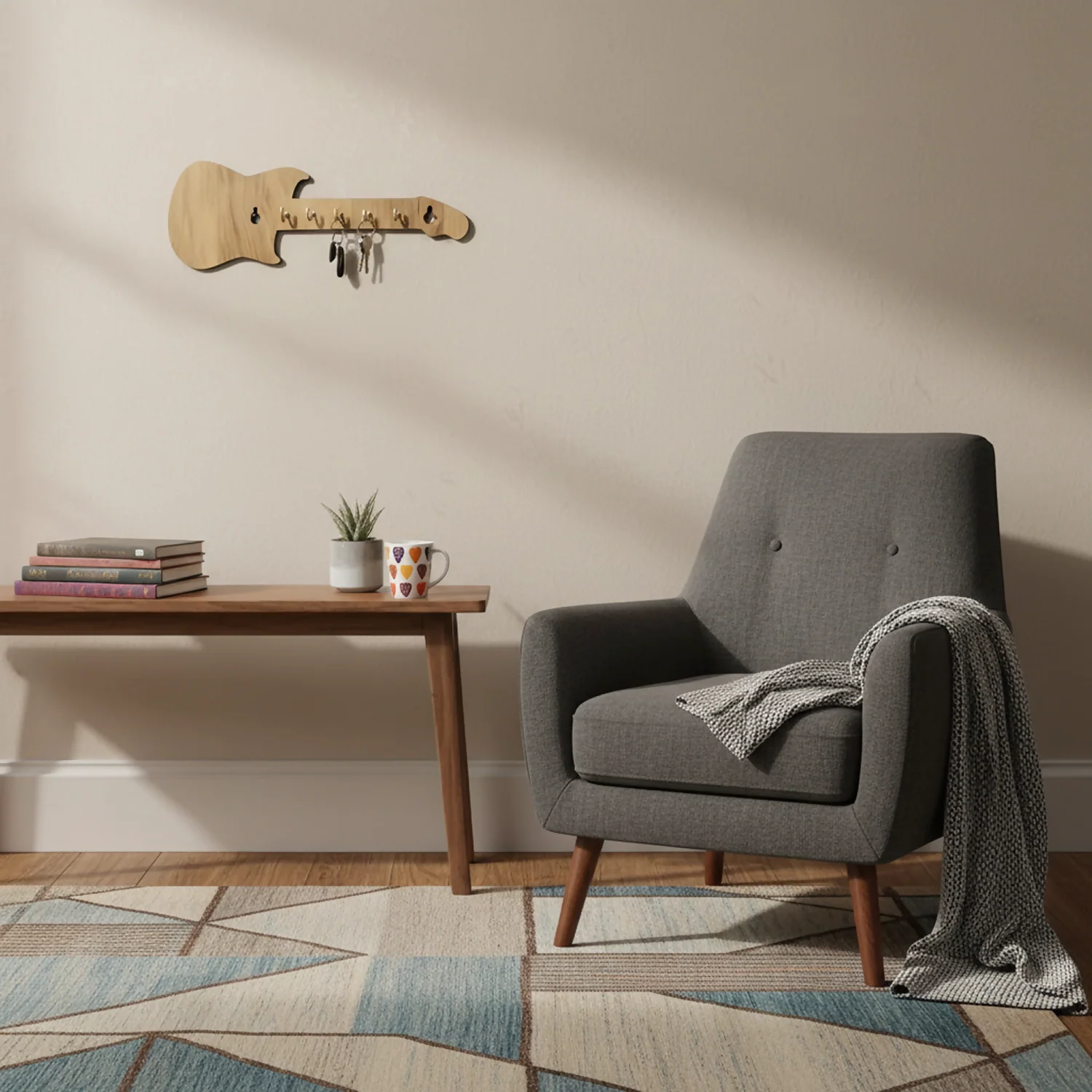 Wooden Guitar Shape Key Holder for Wall | Decorative Wooden Key Rack for Home, Office, Studio Entrance Décor - Image 3