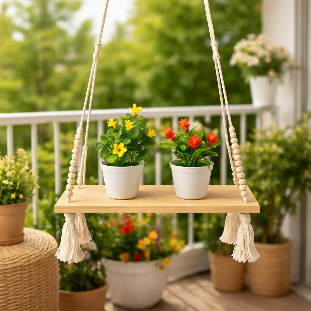 Wooden Hanging Shelf with Rope & Beads Decorative Wall Display Rack - Image 2