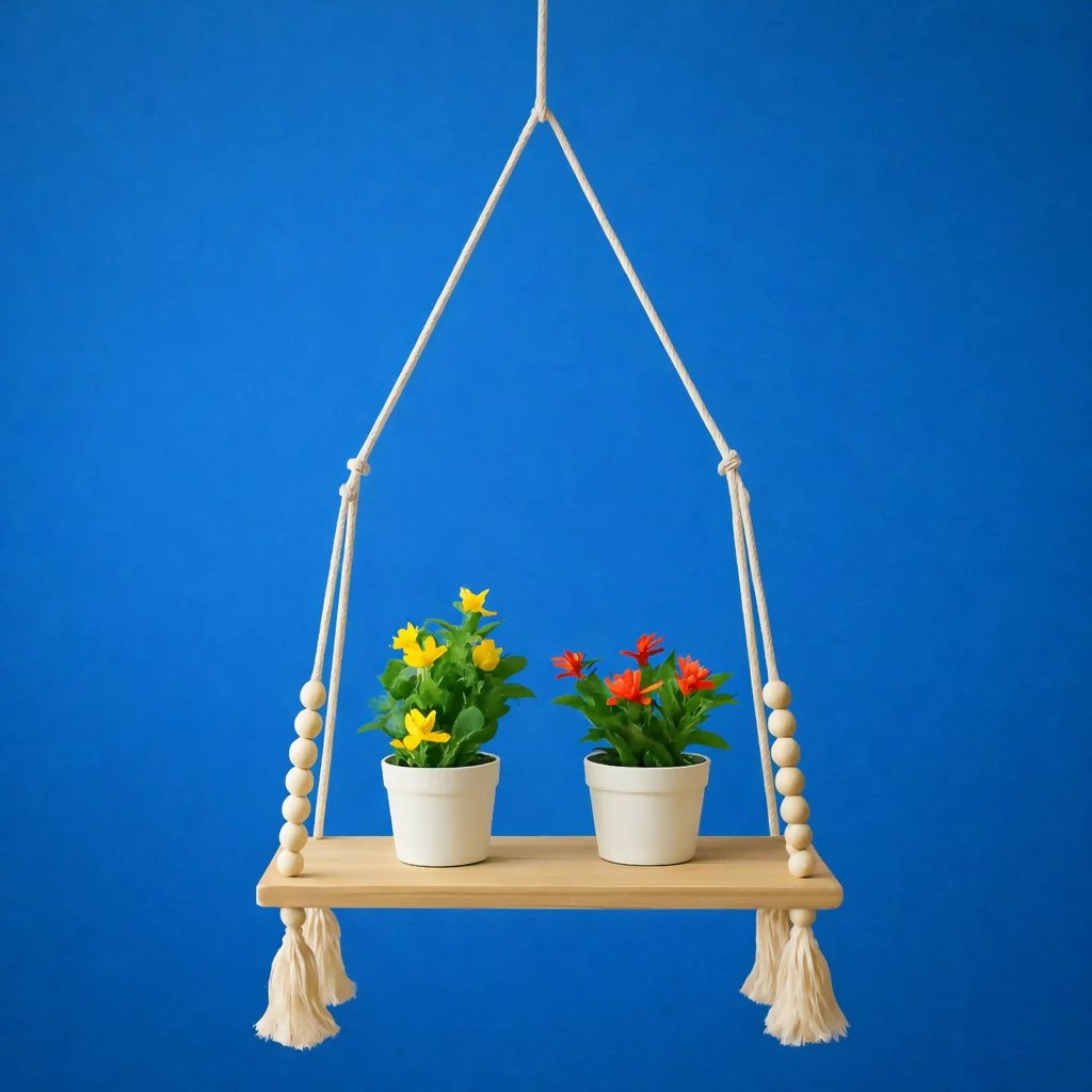 Wooden Hanging Shelf with Rope & Beads Decorative Wall Display Rack - Image 3