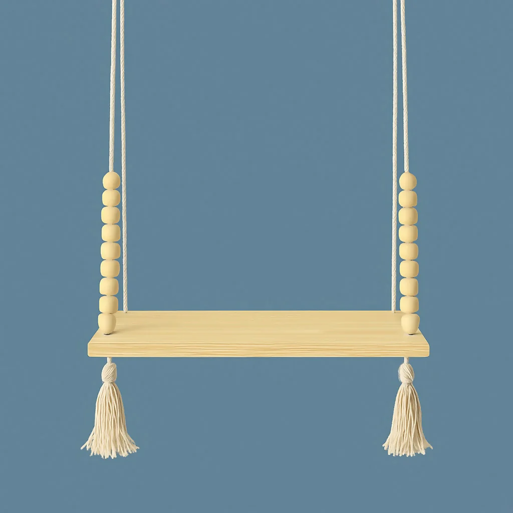 Wooden Hanging Shelf with Rope & Beads Decorative Wall Display Rack - Image 4