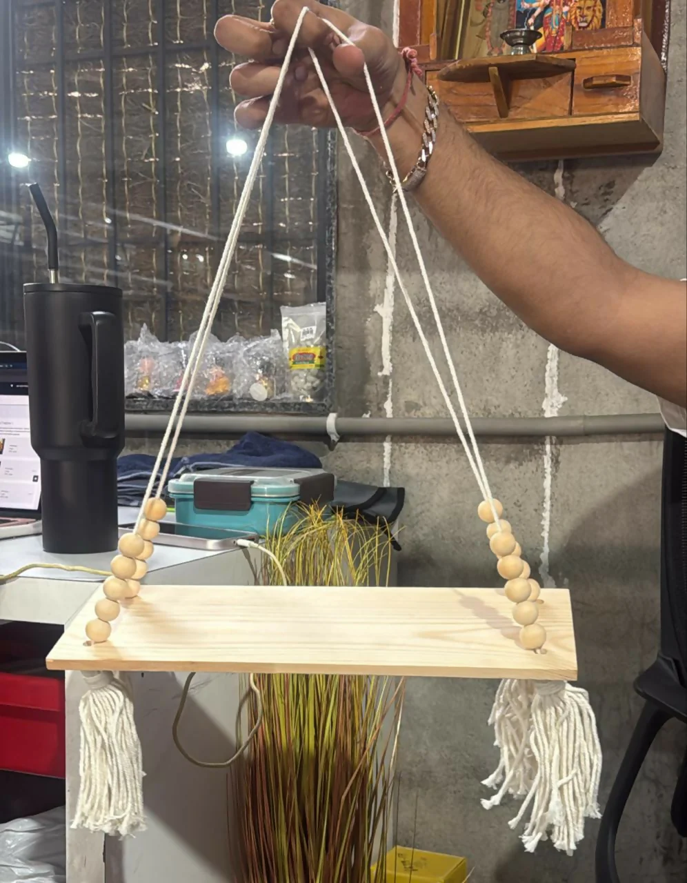Wooden Hanging Shelf with Rope & Beads Decorative Wall Display Rack - Image 5