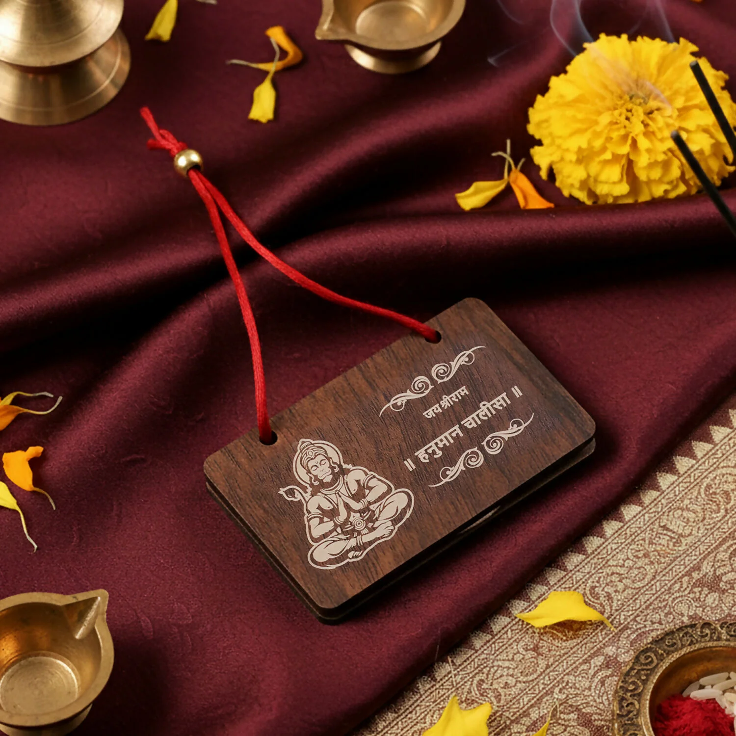 Wooden Hanuman Chalisa Prayer Book, Engraved Hindu Devotional Scripture for Home Temple - Image 2