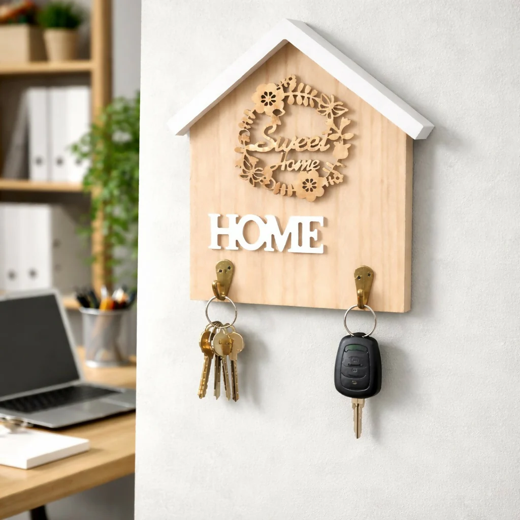 Wooden Home Key Holder Wall Mount with 2 Hooks Organizer - Image 2