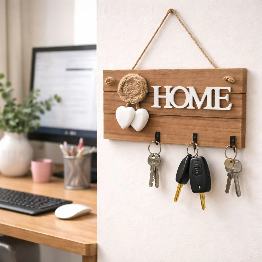 Wooden HOME Key Holder Wall Mount with 3 Hooks Organizer - Image 2
