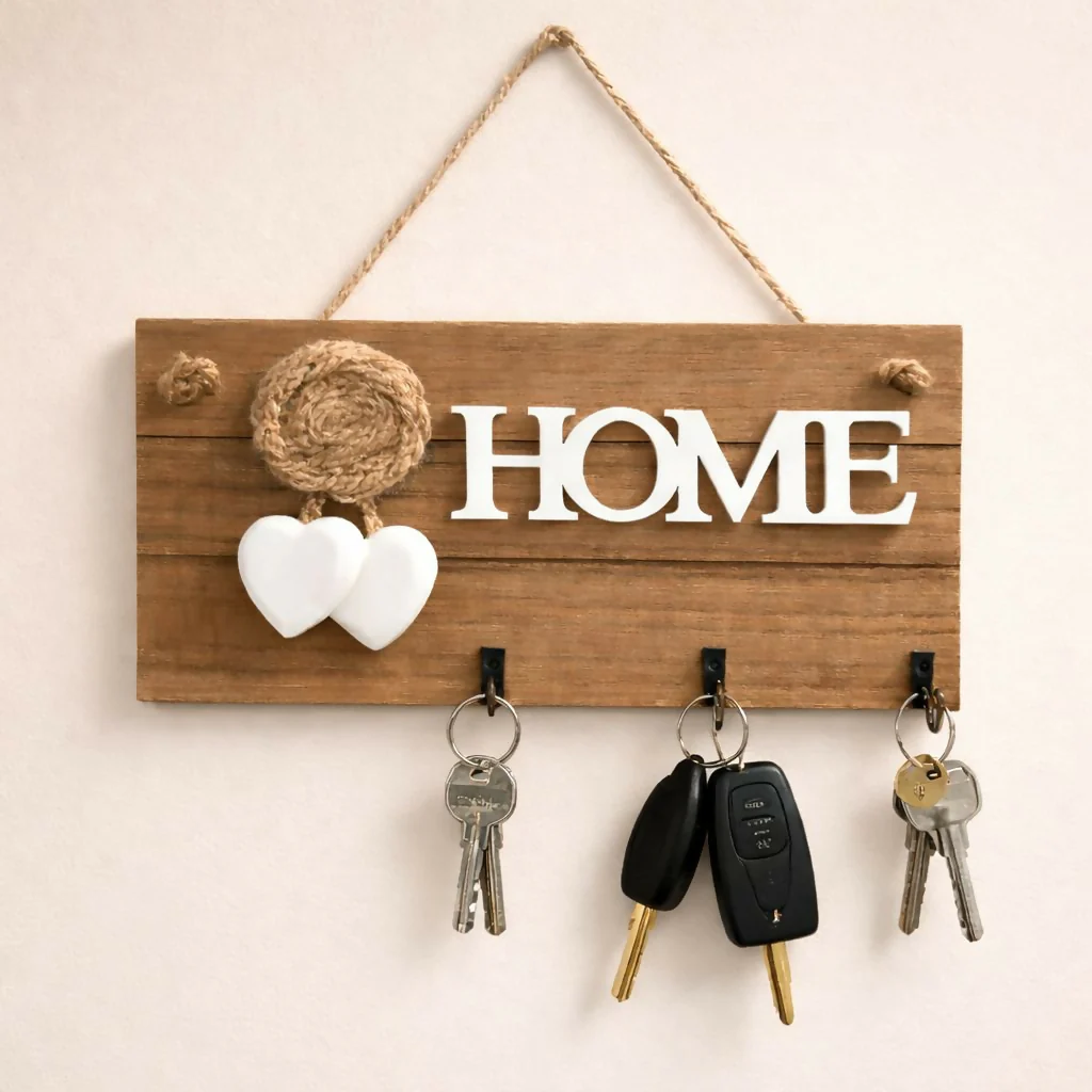 Wooden HOME Key Holder Wall Mount with 3 Hooks Organizer - Image 3