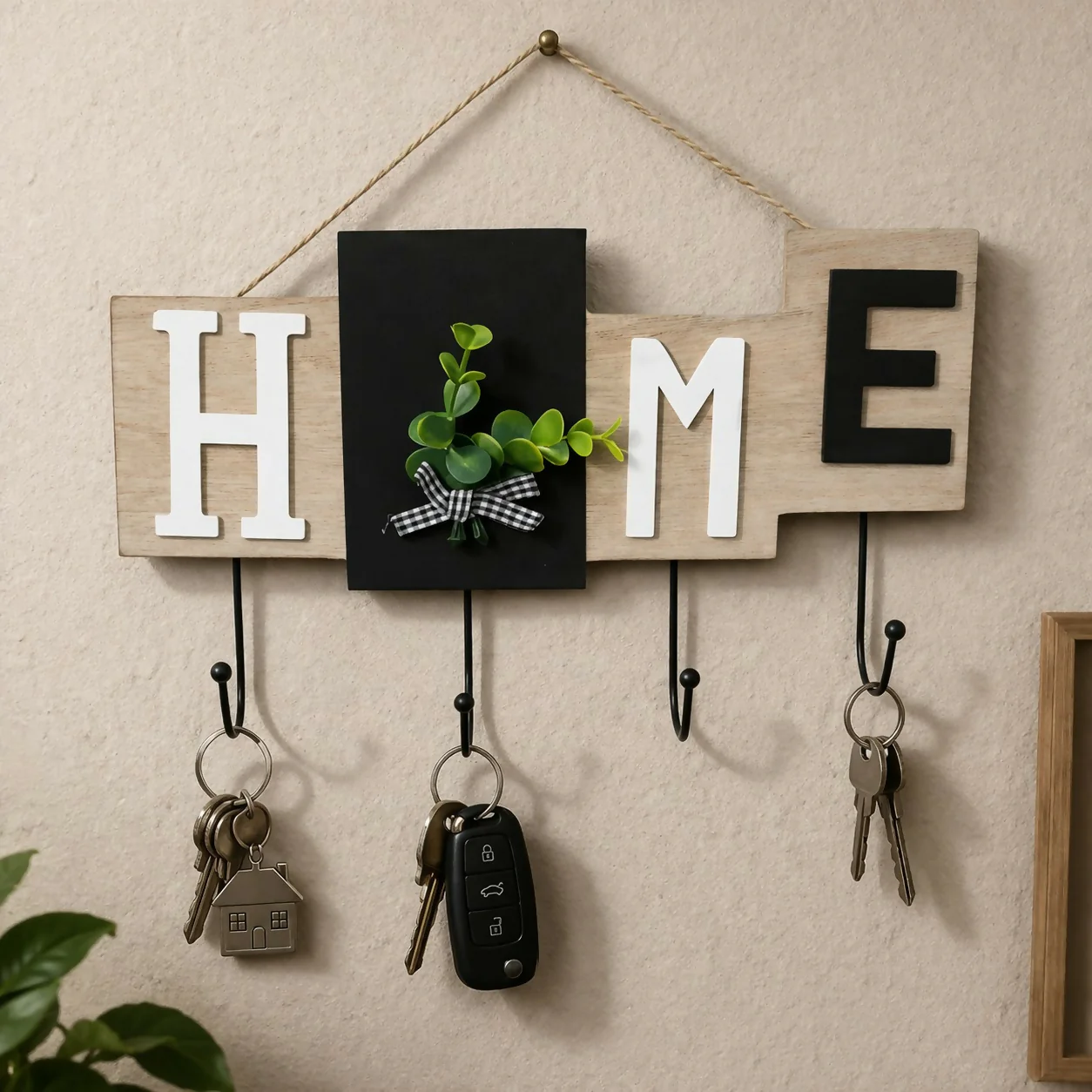 Wooden HOME Key Holder Wall Mount with Hooks for Entryway - Image 2