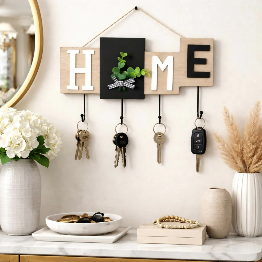 Wooden HOME Key Holder Wall Mount with Hooks for Entryway - Image 3