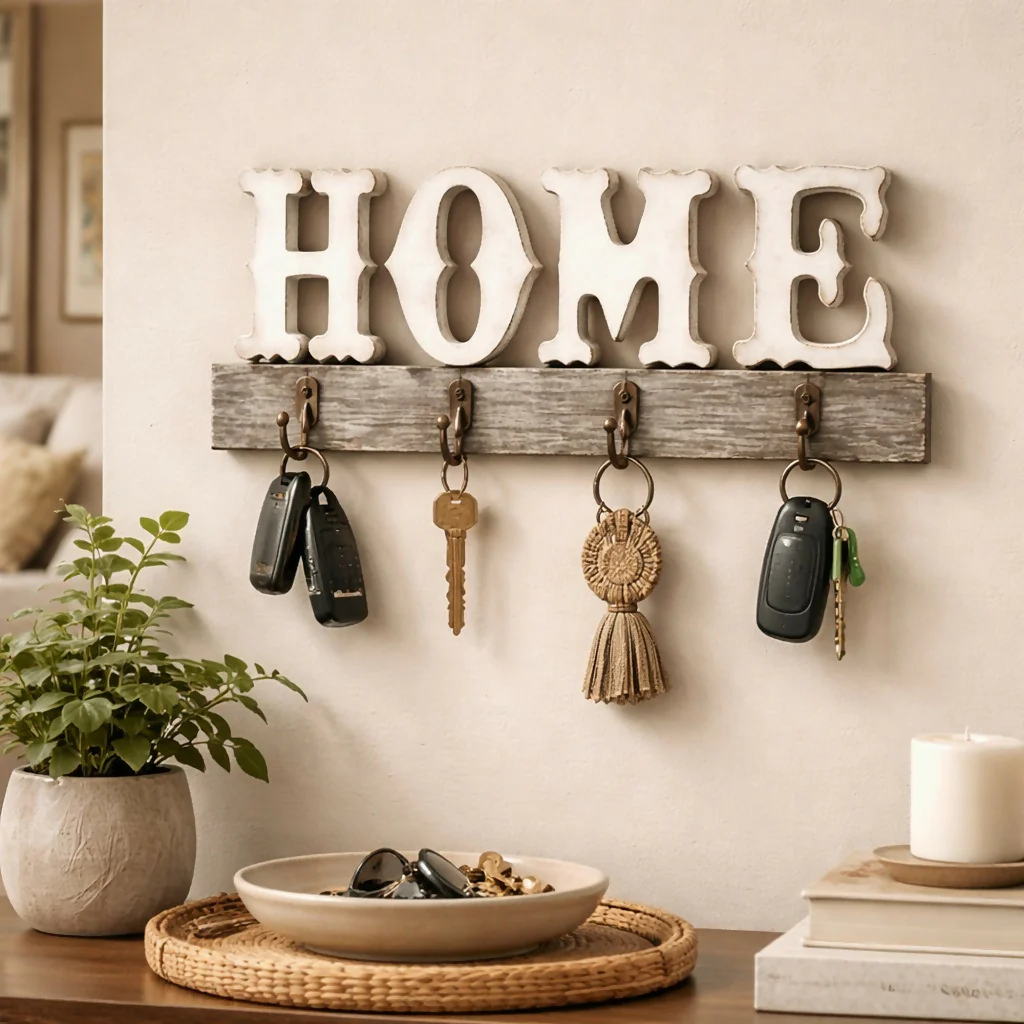 Wooden HOME Key Holder Wall Mount with Hooks for Keys Organizer - Image 2