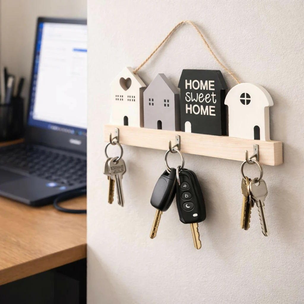 Wooden House Design Key Holder Wall Mount with 3 Hooks - Image 2