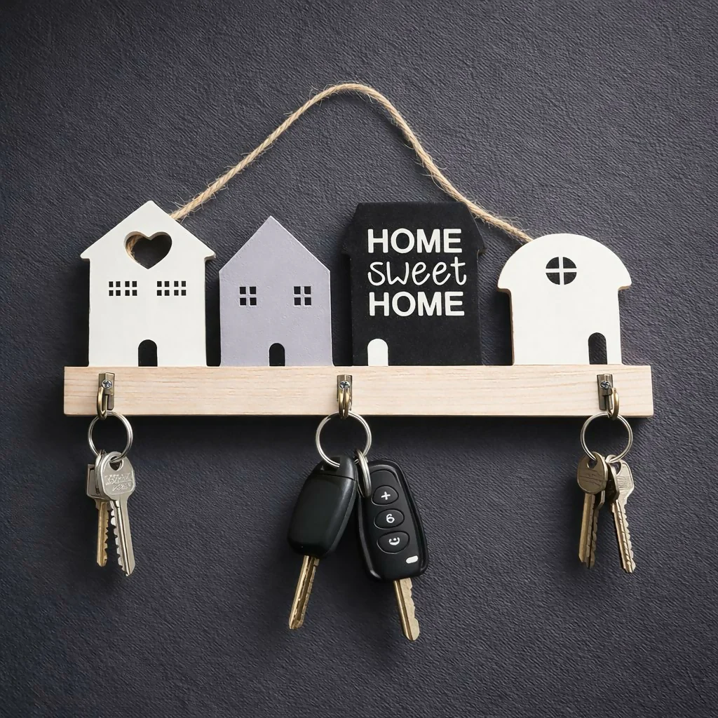 Wooden House Design Key Holder Wall Mount with 3 Hooks - Image 3