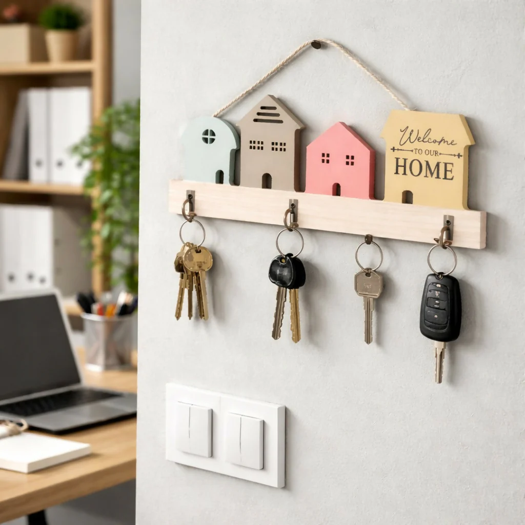 Wooden House Design Key Holder Wall Mount with 3 Hooks - Image 2