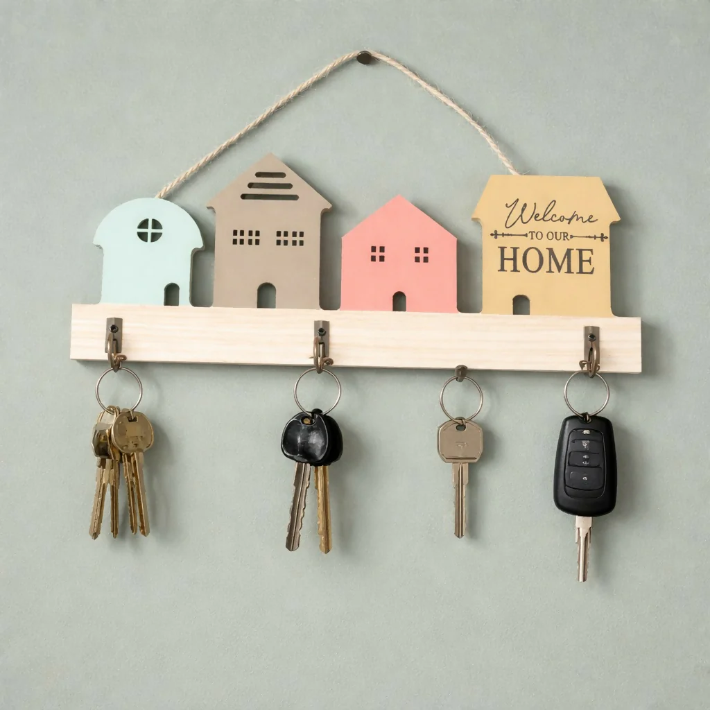 Wooden House Design Key Holder Wall Mount with 3 Hooks - Image 3