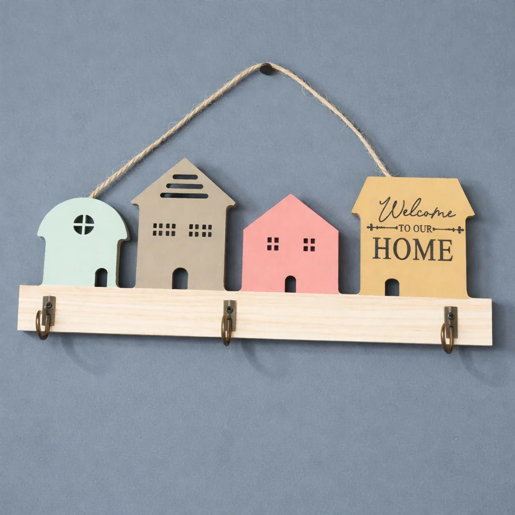 Wooden House Design Key Holder Wall Mount with 3 Hooks - Image 4