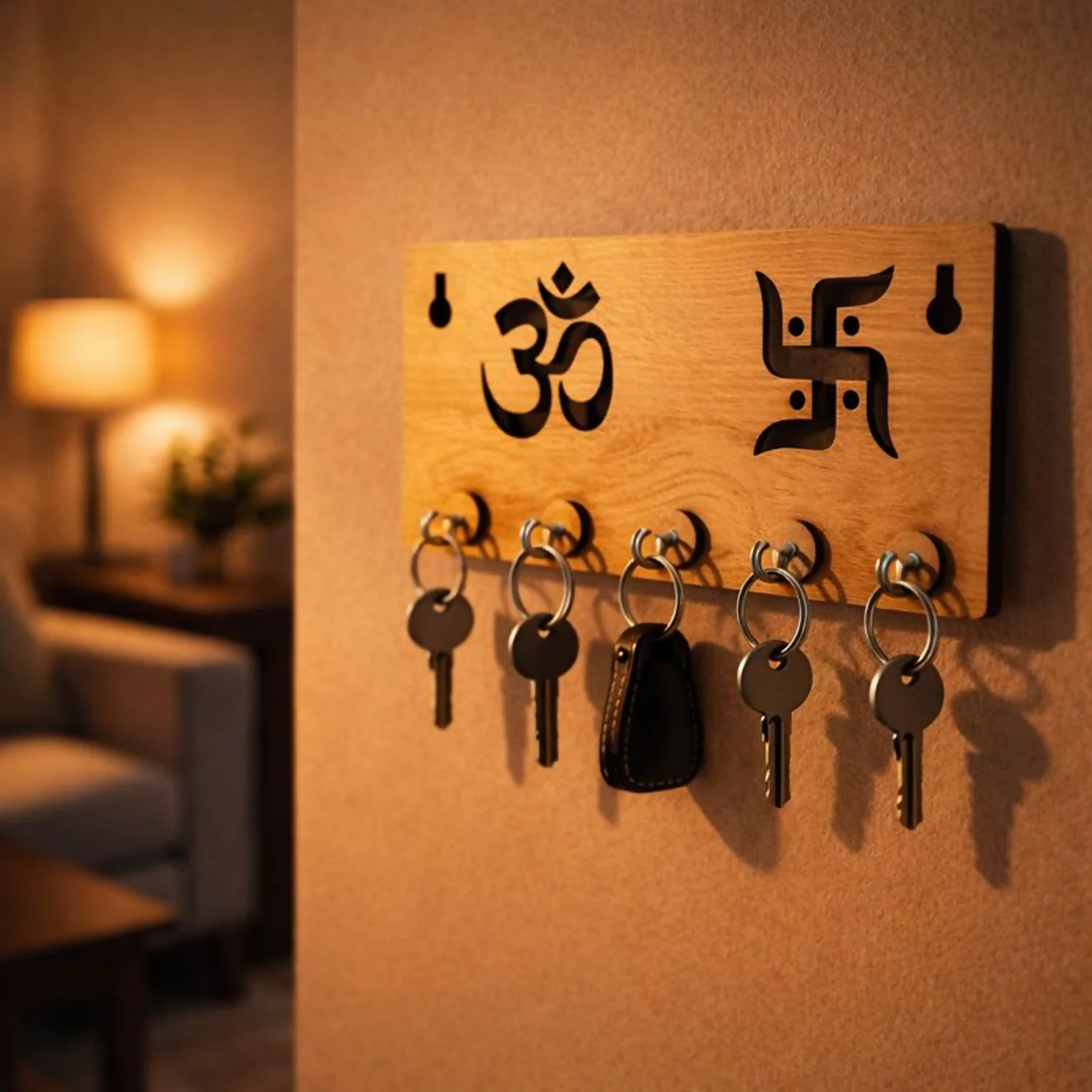 Wooden Key Holder for Wall – ॐ Om & Swastik MDF Key Organizer | Spiritual Wall Key Stand for Home Décor - Image 2