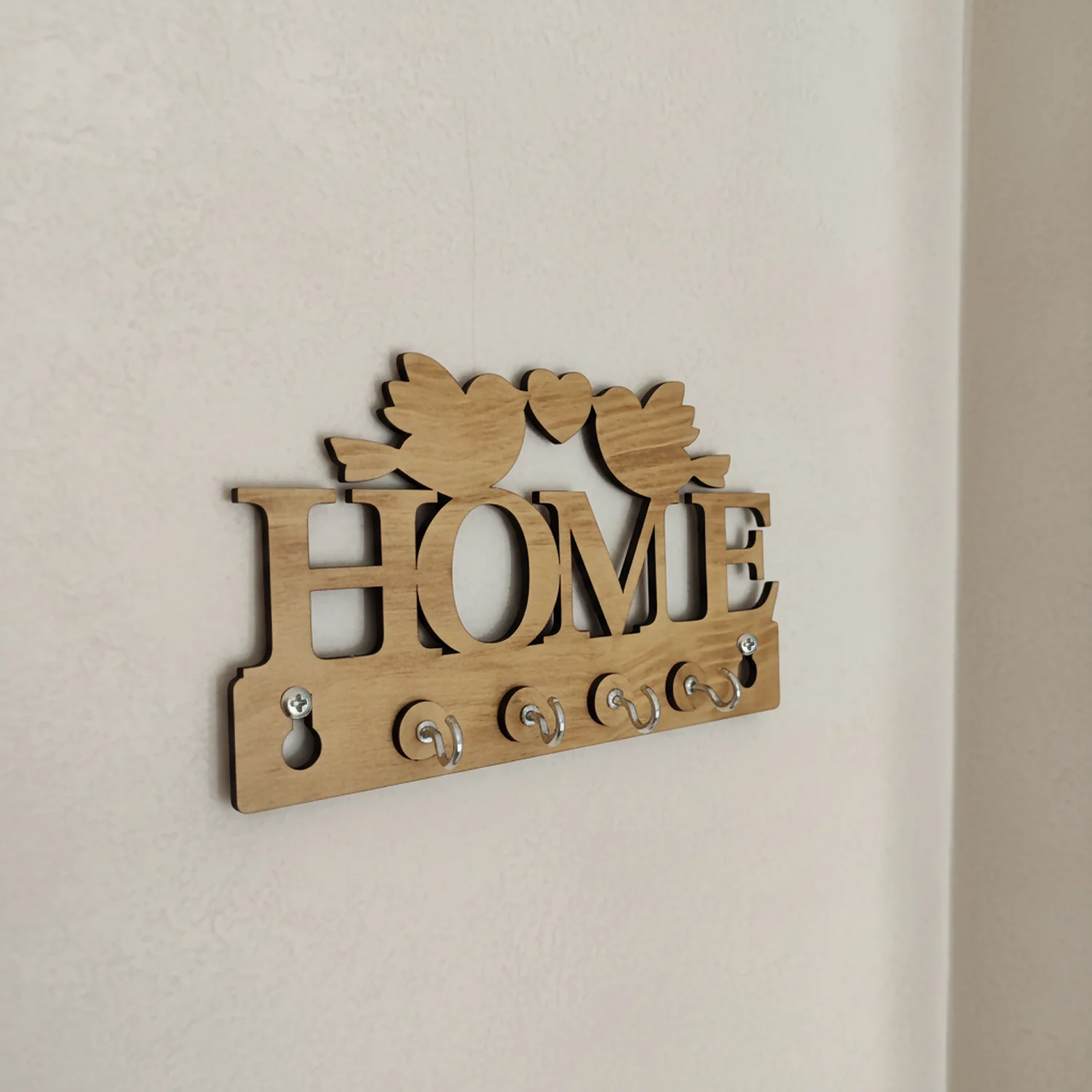 Wooden Key Holder for Wall “HOME” with Birds – Decorative MDF Wall Key Organizer | Home Décor Key Stand - Image 2