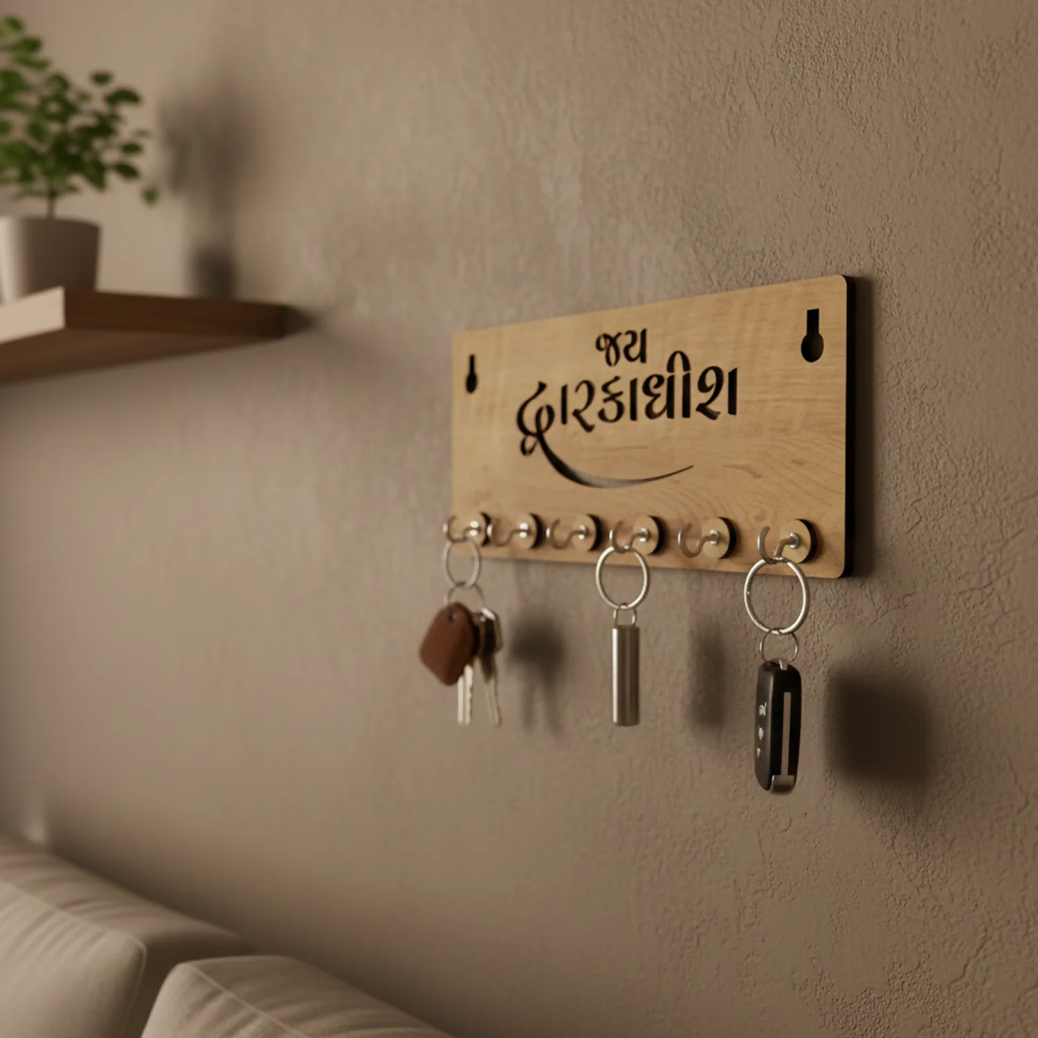 Wooden Key Holder for Wall – “Jay Dwarkadish” MDF Key Organizer | Spiritual Home Décor Key Stand - Image 2