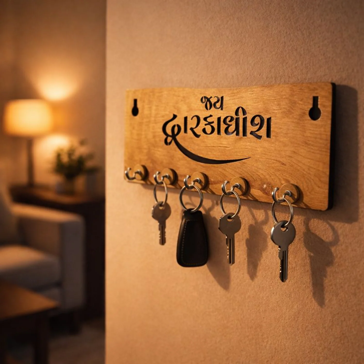 Wooden Key Holder for Wall – “Jay Dwarkadish” MDF Key Organizer | Spiritual Home Décor Key Stand - Image 3