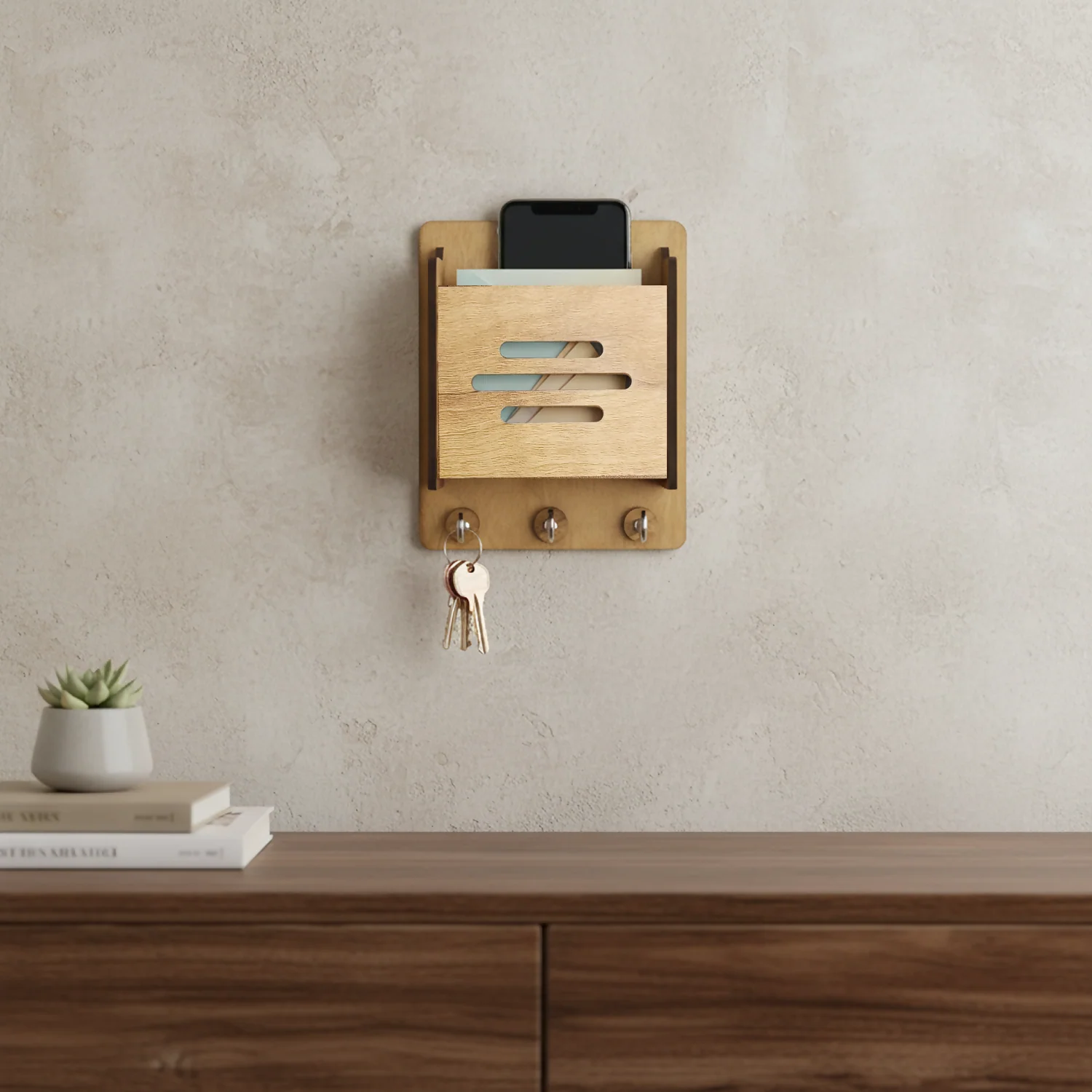 Wooden Key Holder with Mobile Stand | Minimal Home Entryway Décor - Image 4