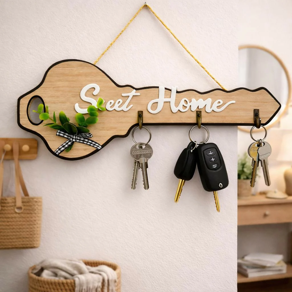 Wooden Key Shape Key Holder Wall Mount with 4 Hooks Organizer - Image 2