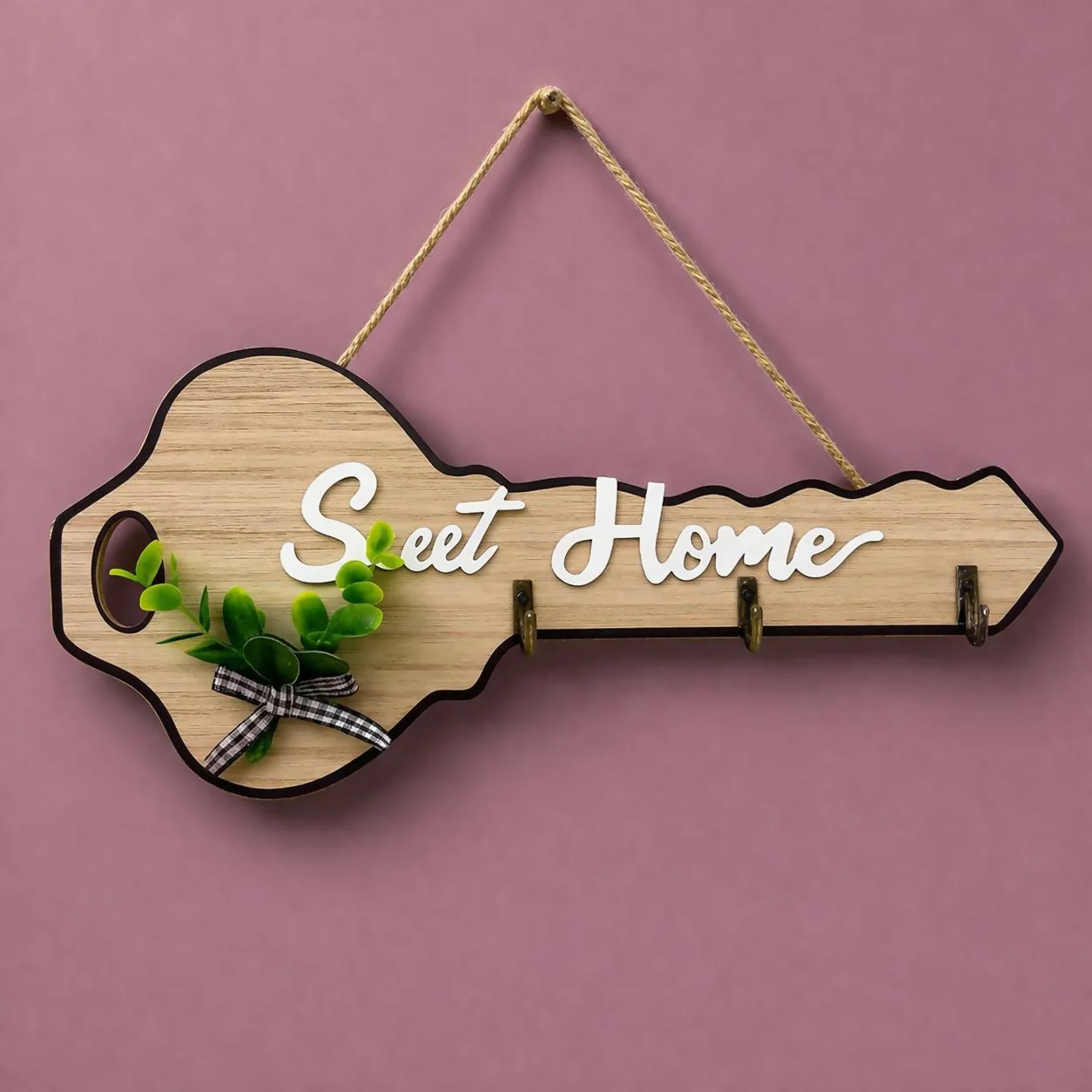 Wooden Key Shape Key Holder Wall Mount with 4 Hooks Organizer - Image 4