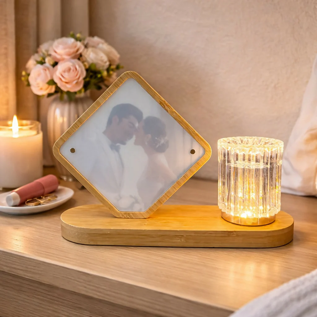 Wooden LED Photo Frame Lamp with Crystal Light Base - Image 2
