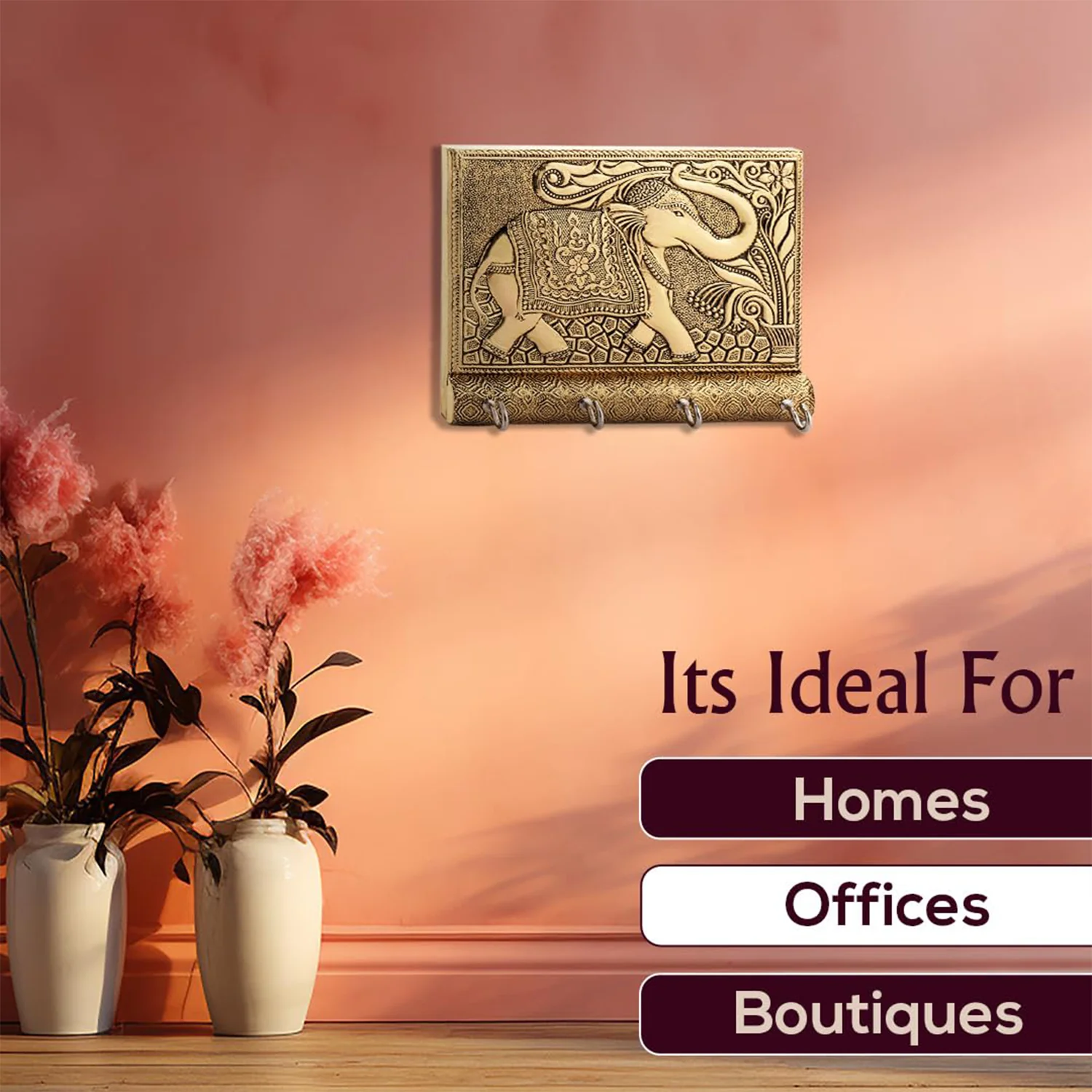 Wooden Key Holder for Home Decor Stylish Metal Gold Antique Elephant Design (1 Pc) - Image 6
