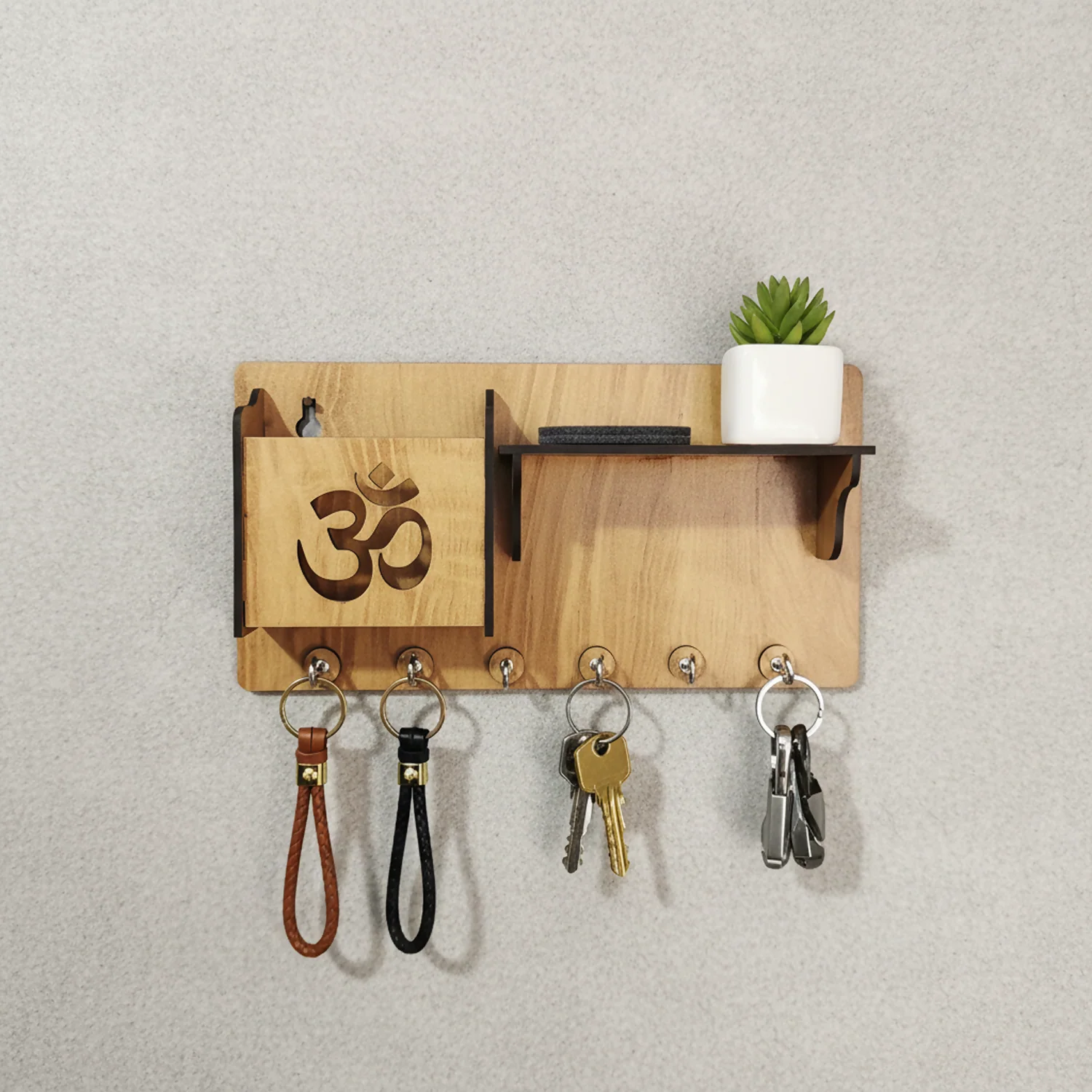 Wooden Om Key Holder with Shelf & Mobile Stand | Spiritual Home Décor - Image 2