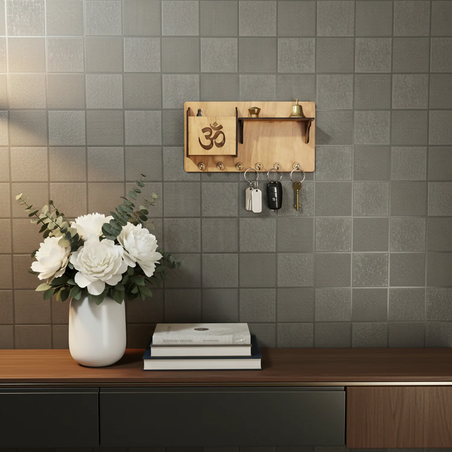 Wooden Om Key Holder with Shelf & Mobile Stand | Spiritual Home Décor - Image 3