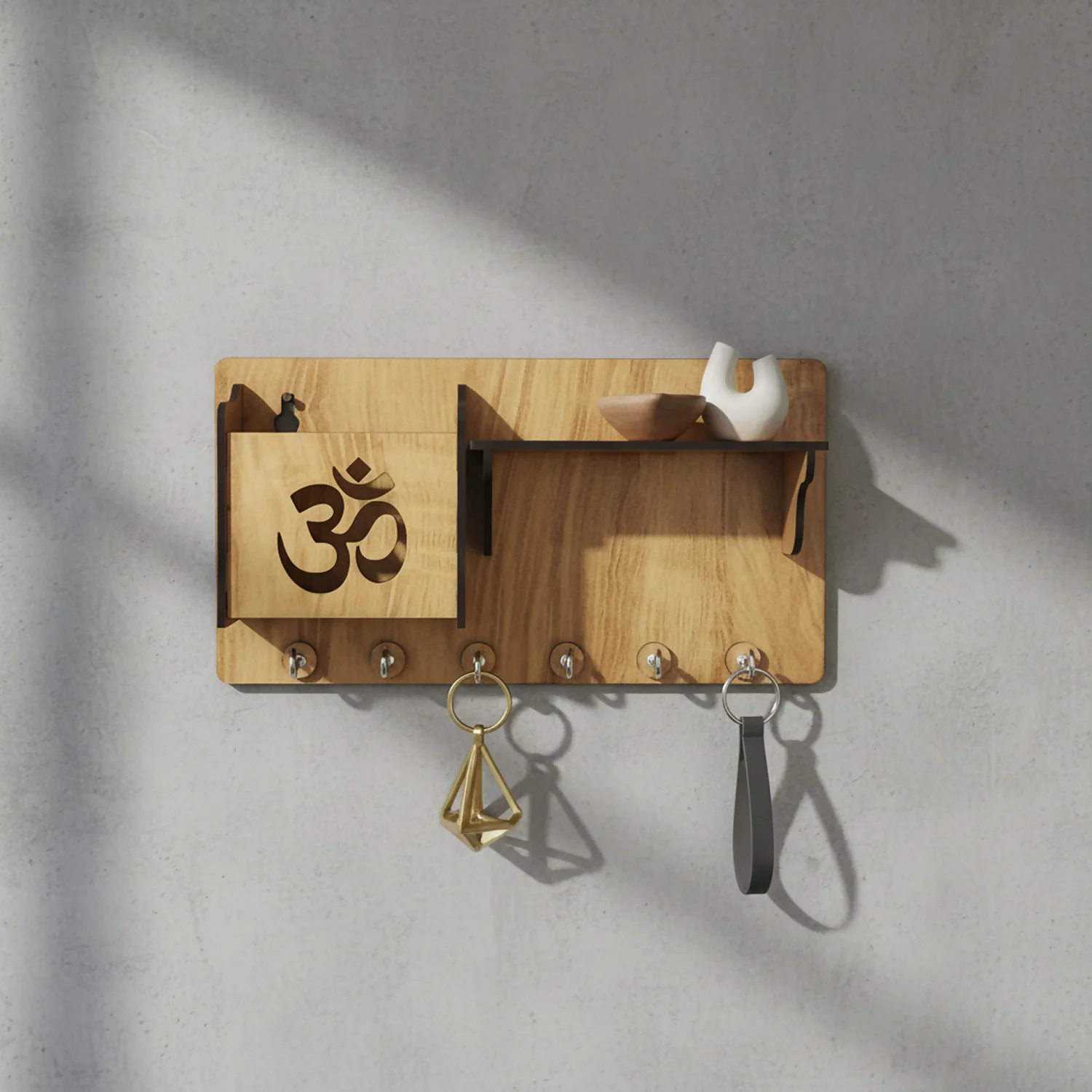 Wooden Om Key Holder with Shelf & Mobile Stand | Spiritual Home Décor - Image 4