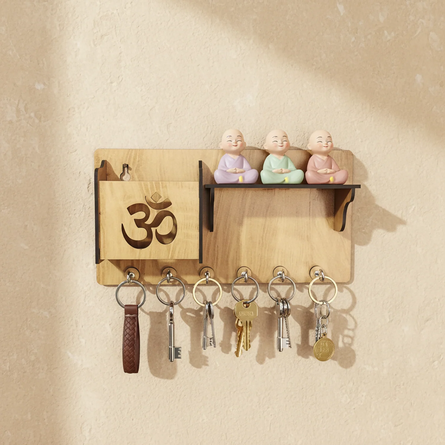 Wooden Om Key Holder with Shelf & Mobile Stand | Spiritual Home Décor - Image 5