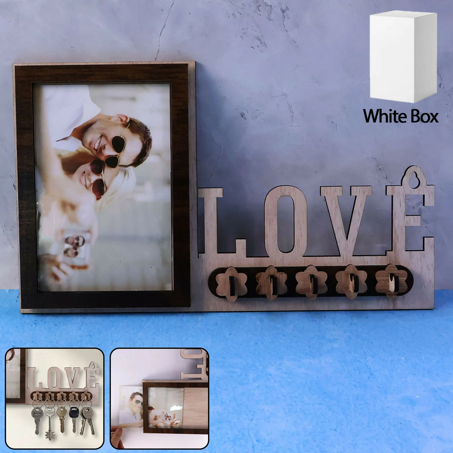 Wooden Photo Frame Key Holder with LOVE Cutout & 5 Hooks – 8 x 12 Inch - Image 2