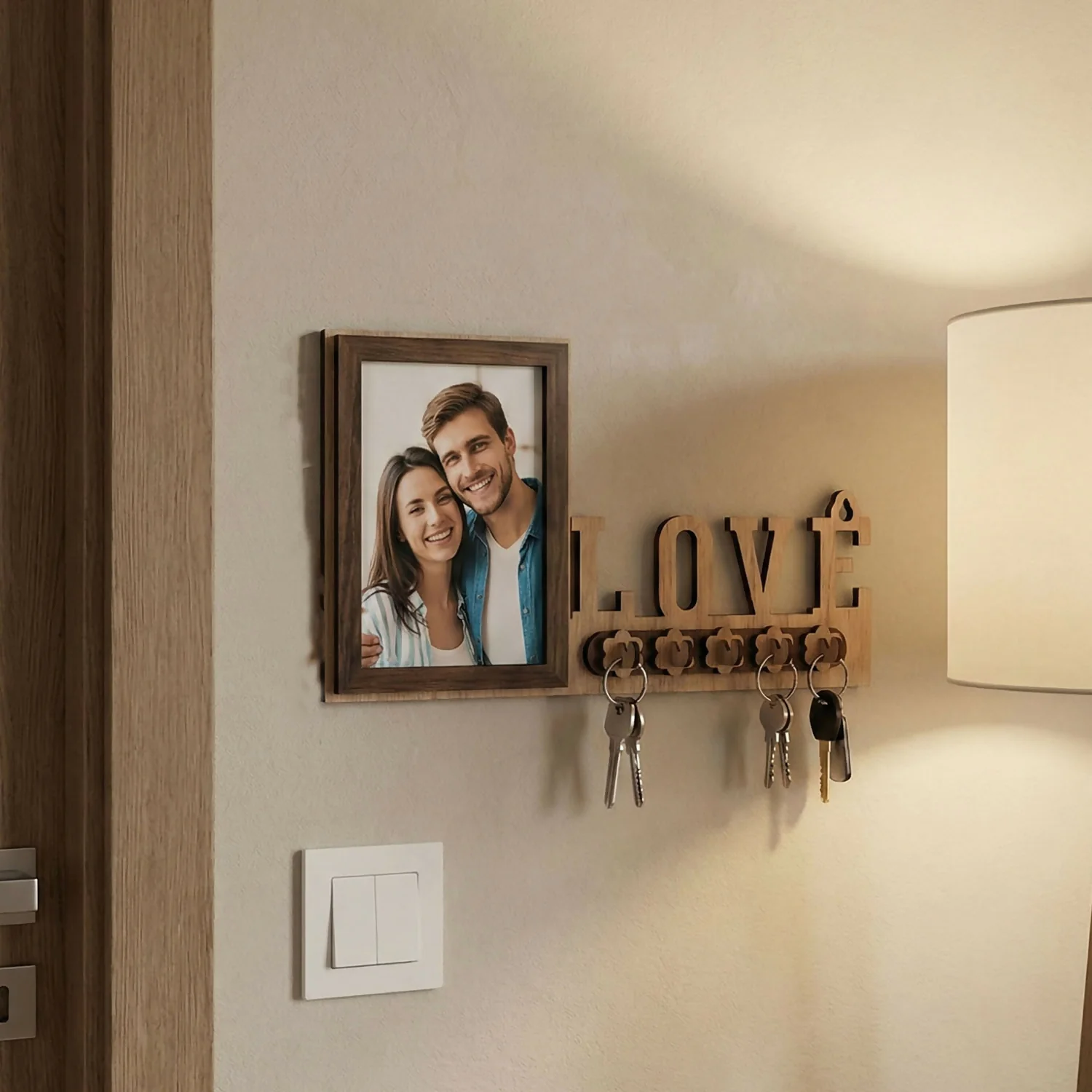 Wooden Photo Frame Key Holder with LOVE Cutout & 5 Hooks – 8 x 12 Inch - Image 3