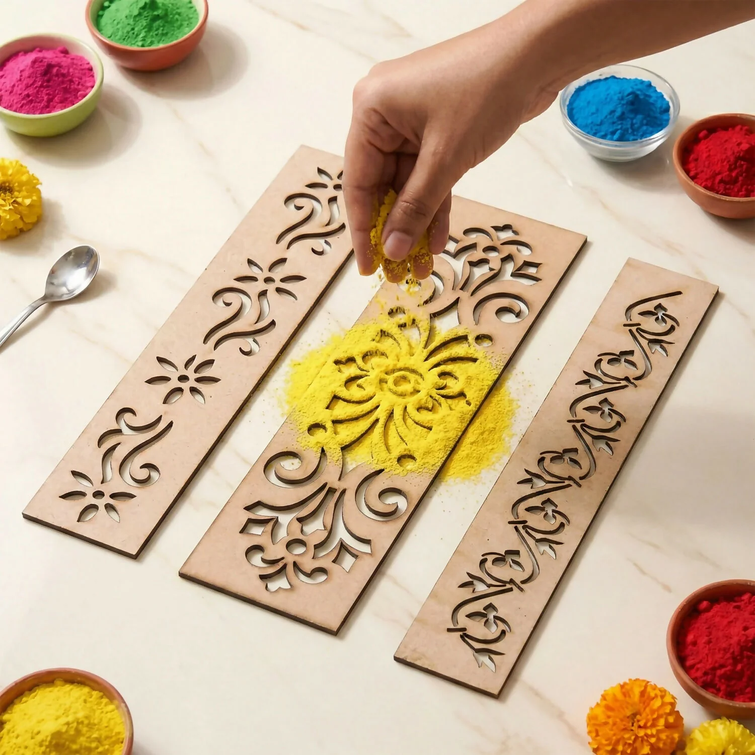 Wooden Rangoli Border Stencil Set of 5 – Reusable MDF Designs - Image 2