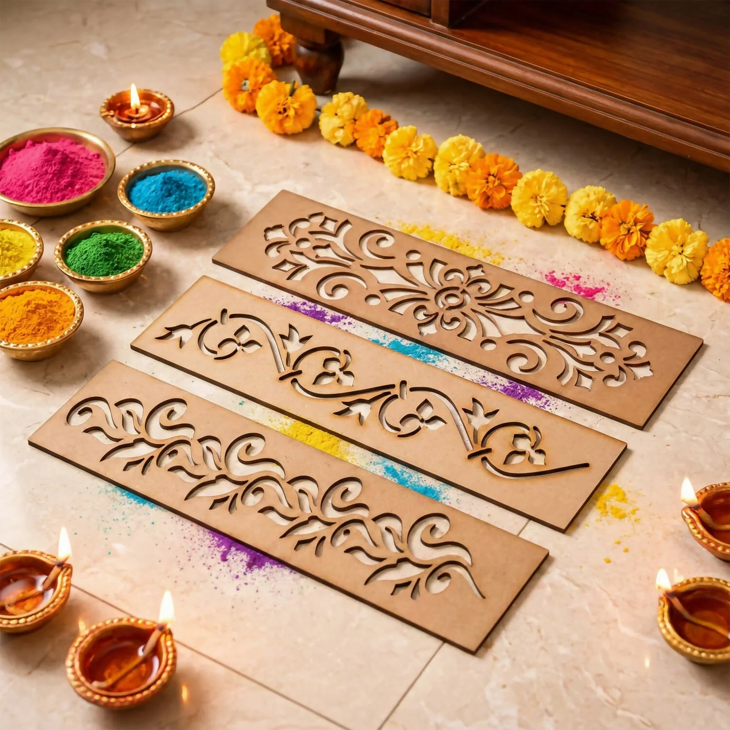 Wooden Rangoli Border Stencil Set of 5 – Reusable MDF Designs - Image 3