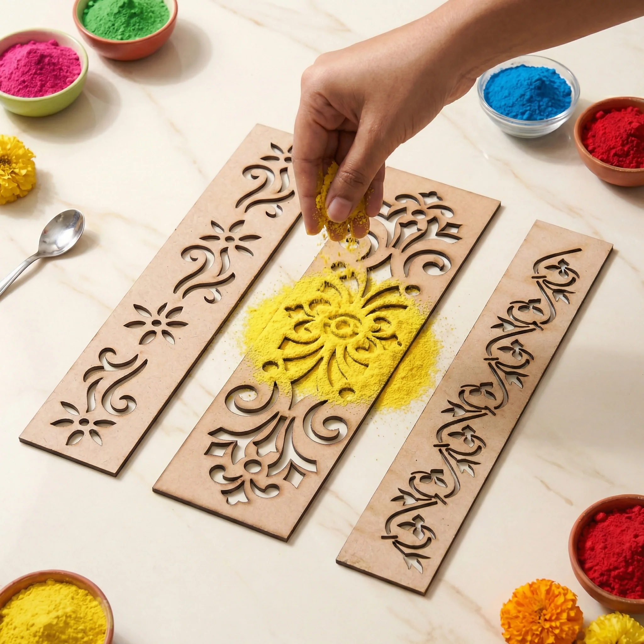 Wooden Rangoli Border Stencils - Set of 3 Reusable Umbra Patti - Image 2