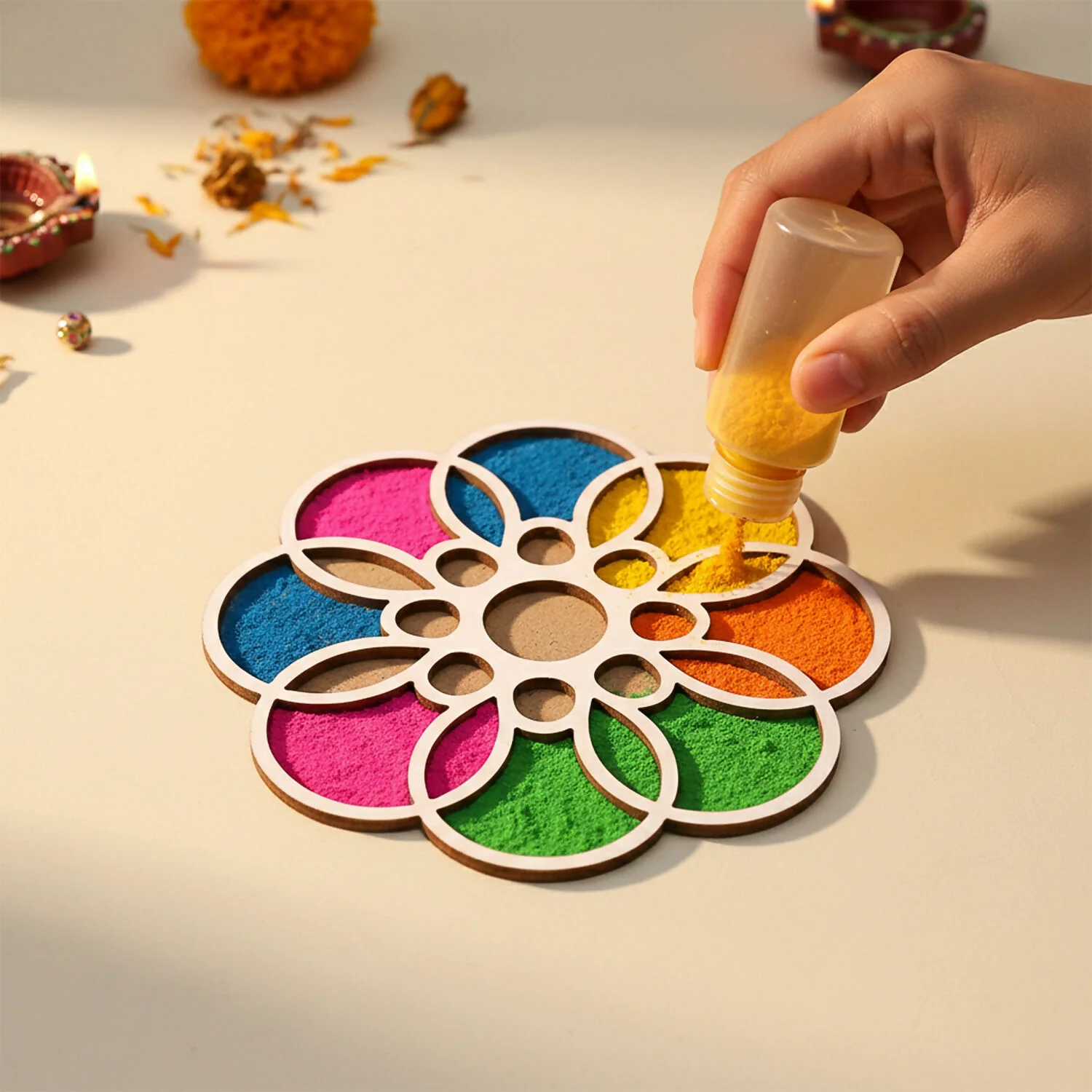 Wooden Rangoli Stencil | Round Petal Flower Design - Image 2
