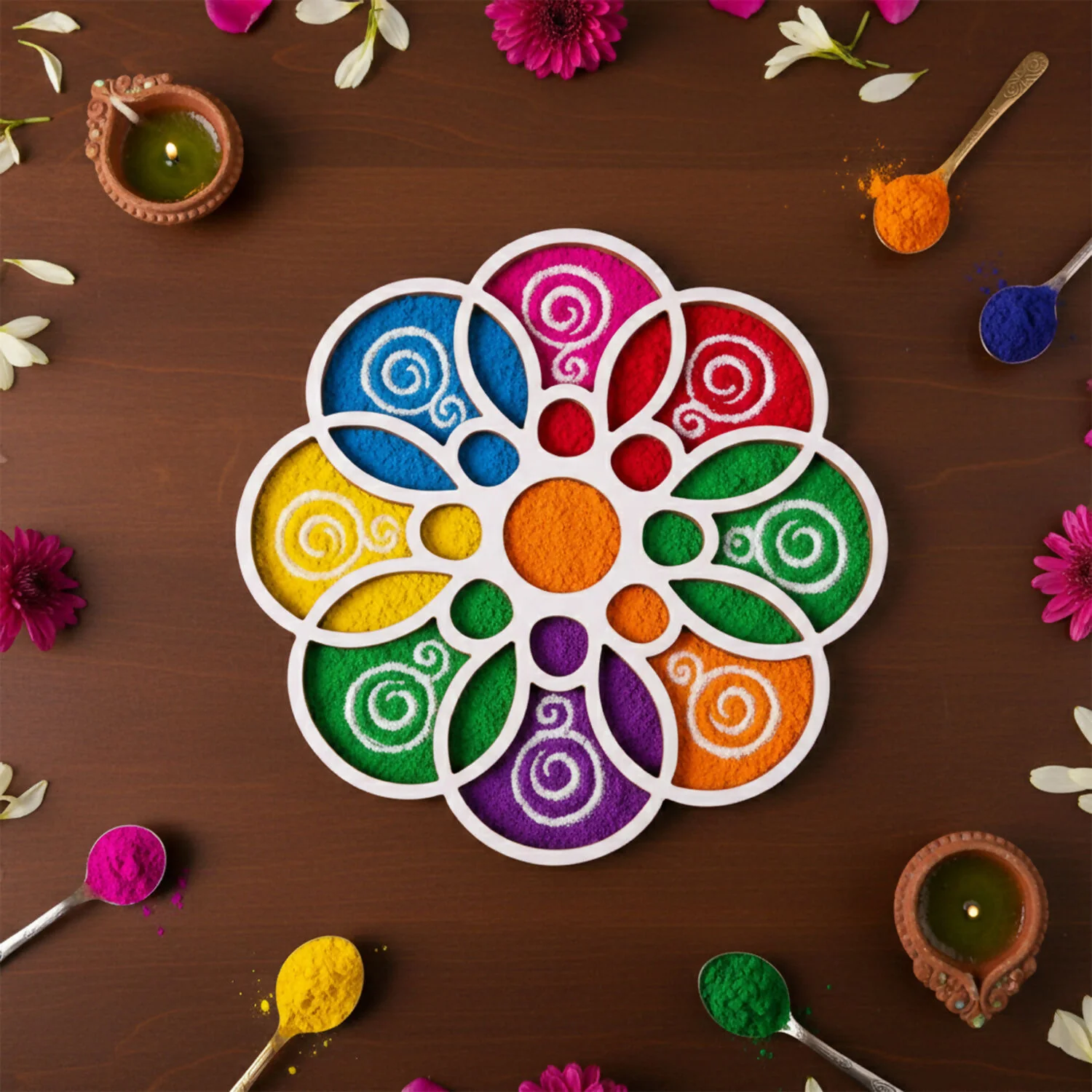 Wooden Rangoli Stencil | Round Petal Flower Design - Image 3