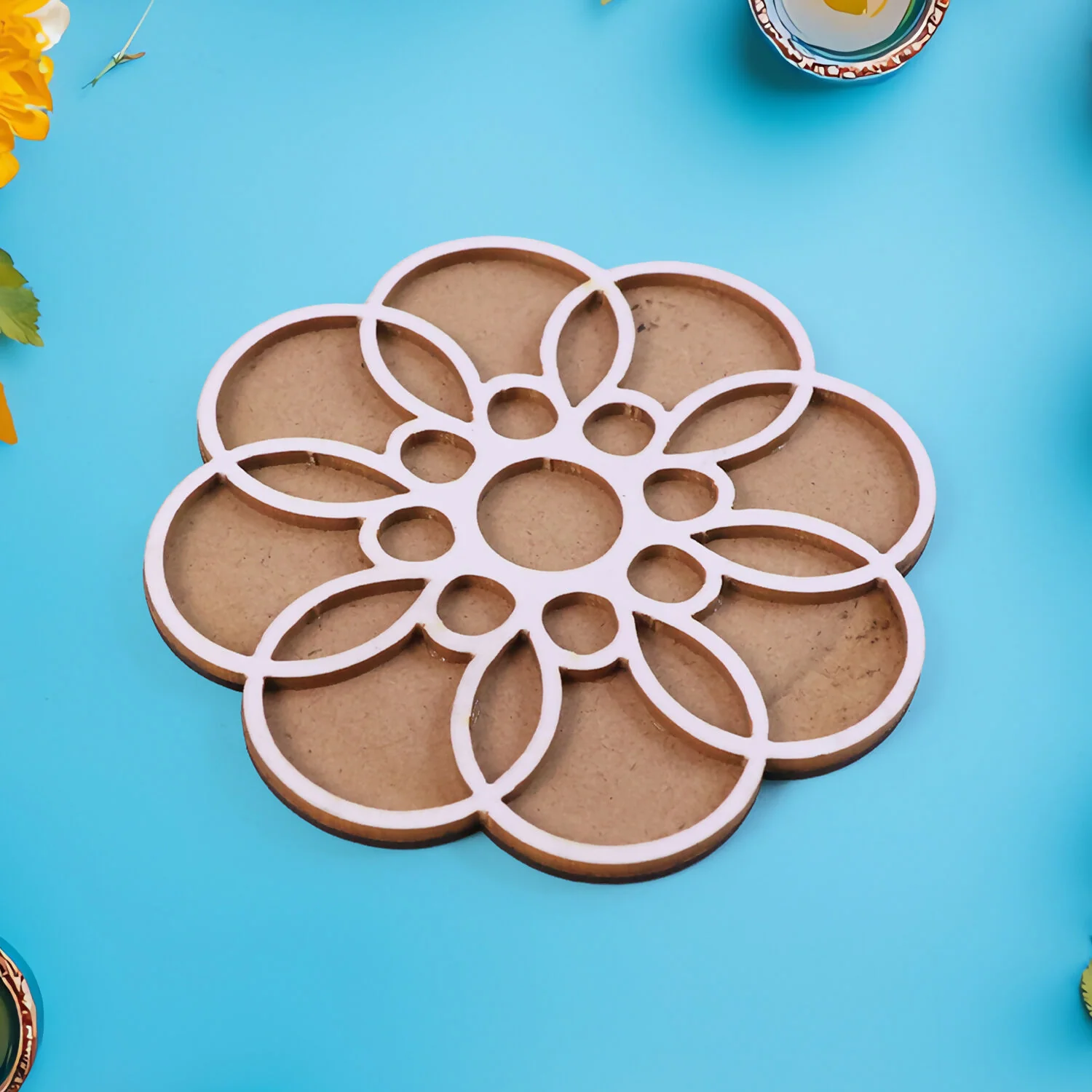 Wooden Rangoli Stencil | Round Petal Flower Design - Image 4