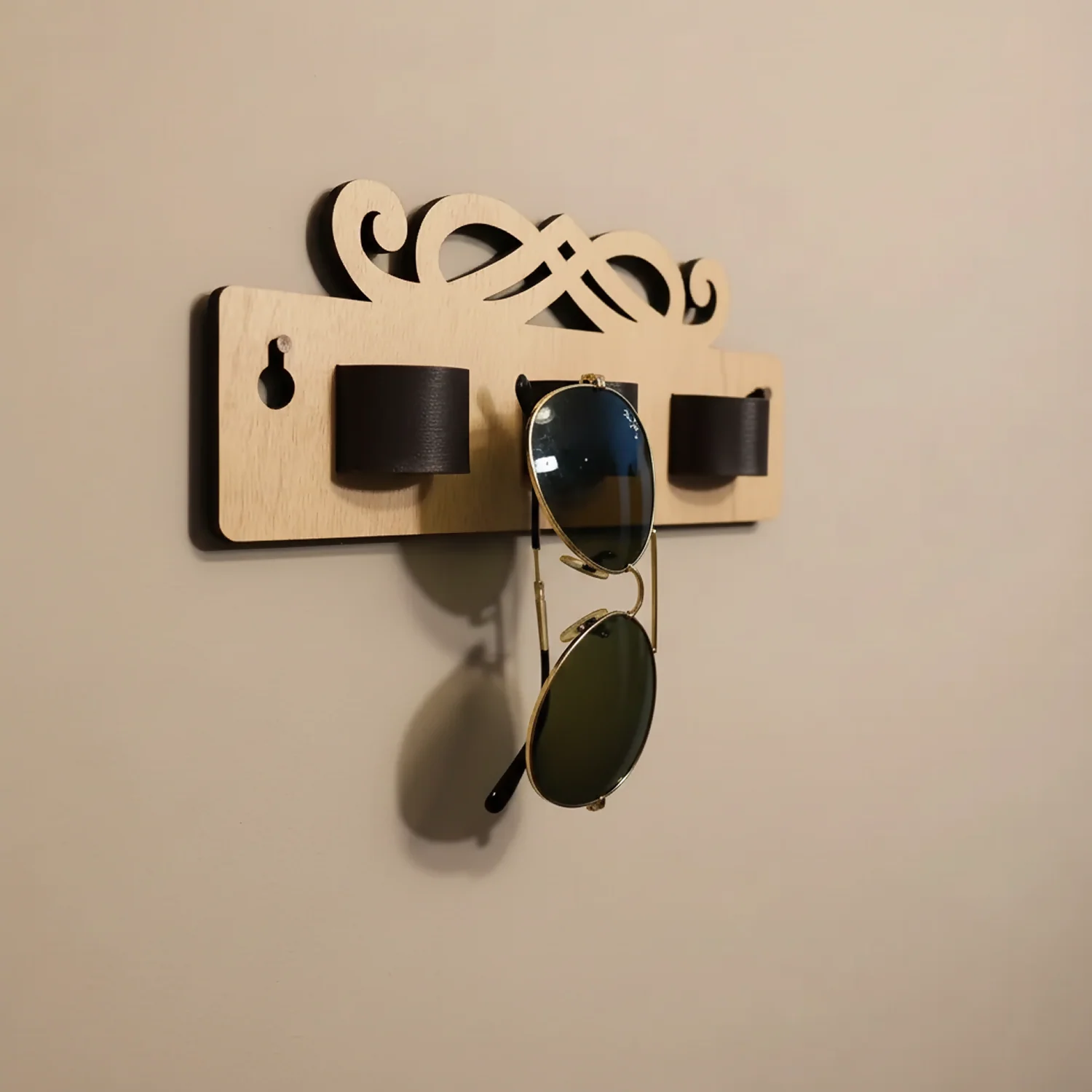 Wooden Sunglasses & Eyeglasses Holder Wall Mounted | Leather Glass Holder for Home & Office Décor - Image 2