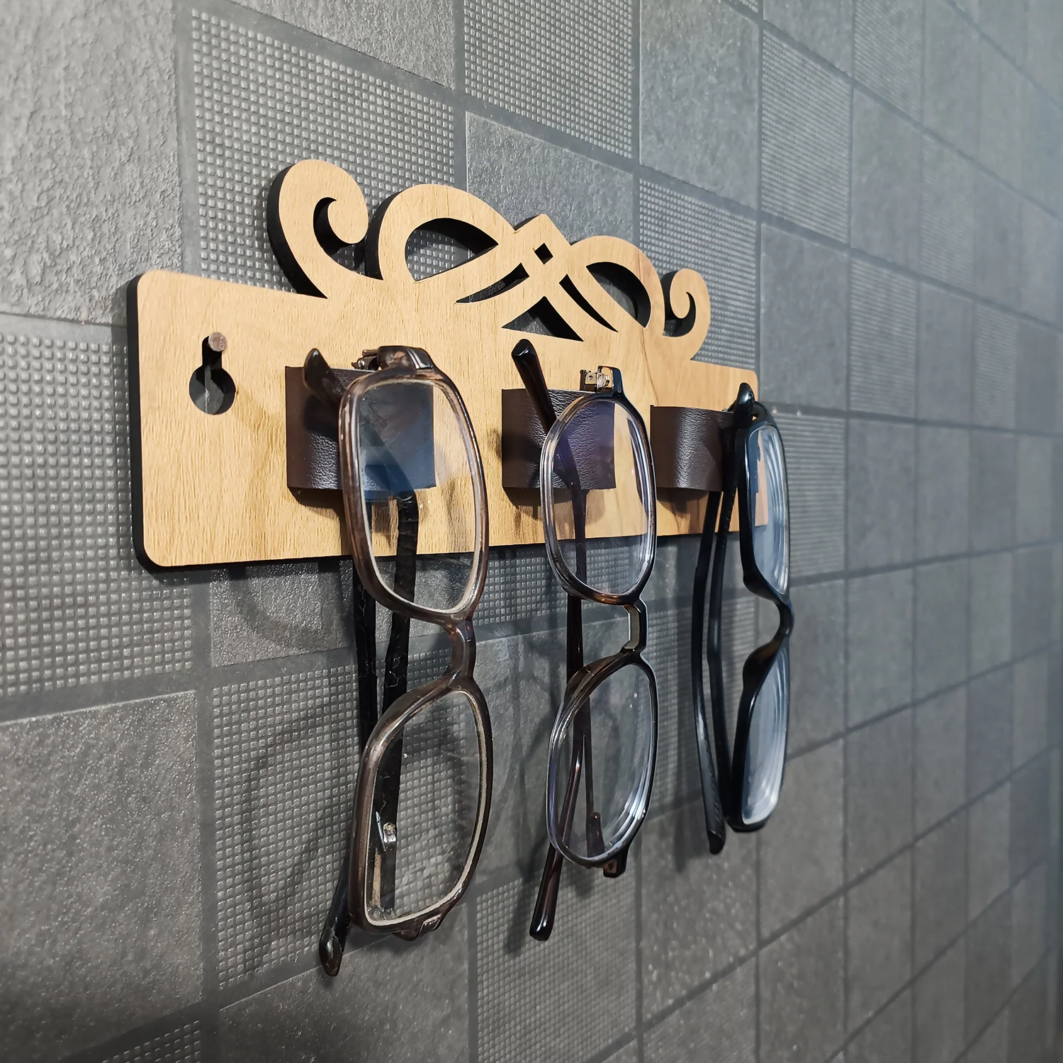 Wooden Sunglasses & Eyeglasses Holder Wall Mounted | Leather Glass Holder for Home & Office Décor - Image 5