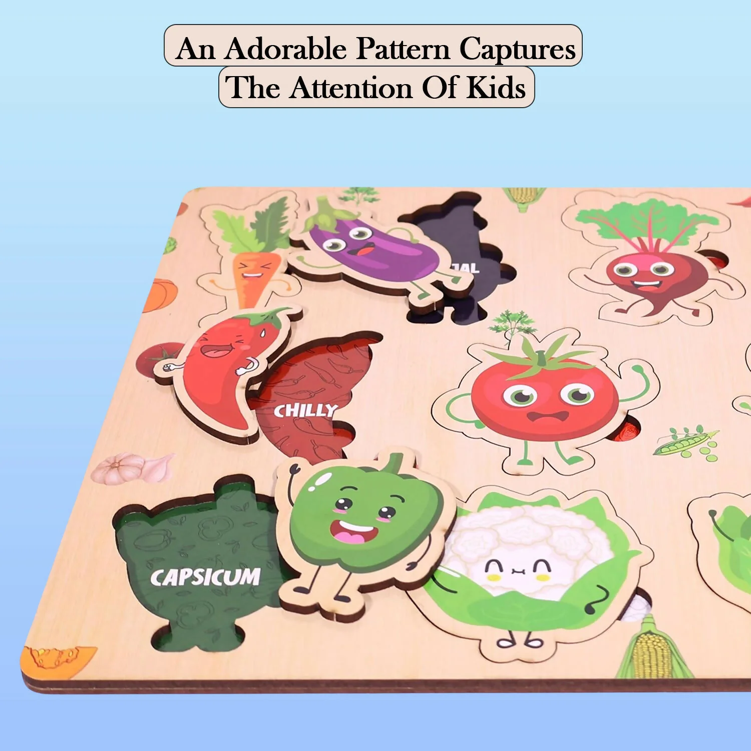 Wooden Vegetable Learning Puzzle Board for Kids – Colorful Puzzle with Cute Veggie Characters - Image 2
